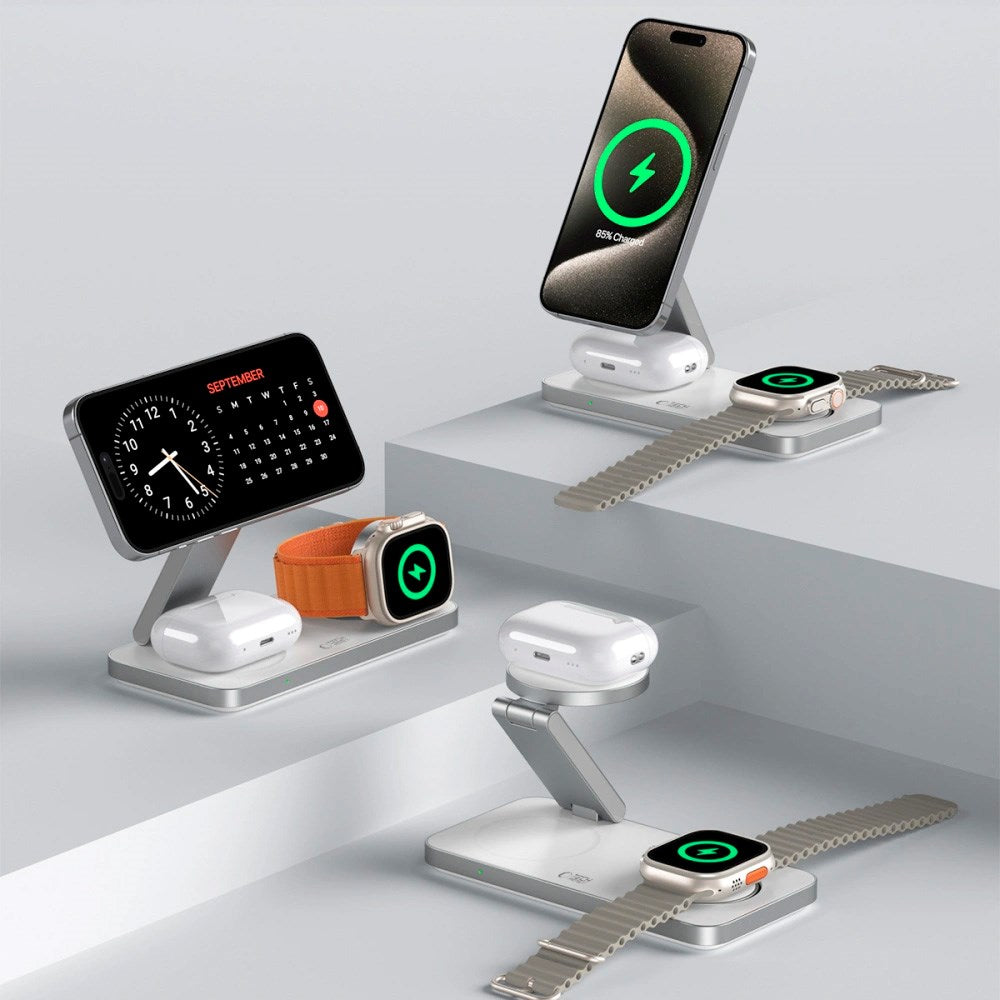 Tech-Protect 3-i-1 Magnetisk Trådløs Oplader - MagSafe Kompatibel - 15W - Hvid
