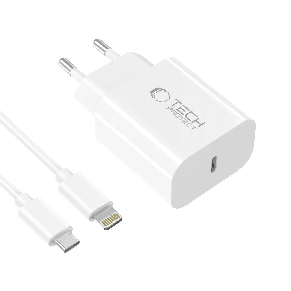 Tech-Protect 20W Vægoplader m. 1 x Lightning Kabel - Hvid