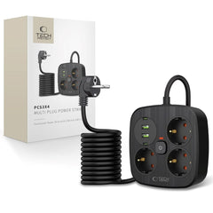 Tech-Protect Multifunktionel Strømskinne m. 3 x Udtag / 2 x USB-A / 2 x USB-C - 2m - Sort
