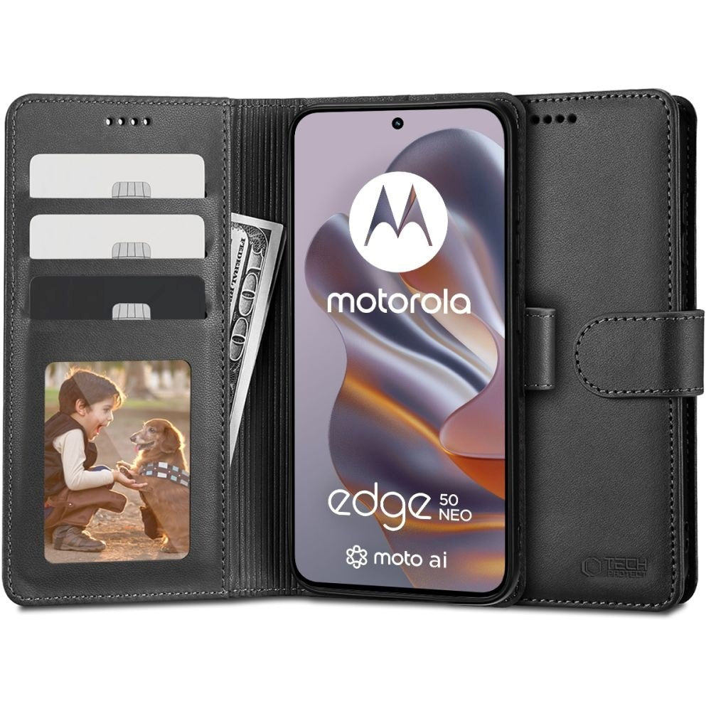 Motorola Edge 50 Neo Tech-Protect Wallet Flip Cover m. Pung - Sort