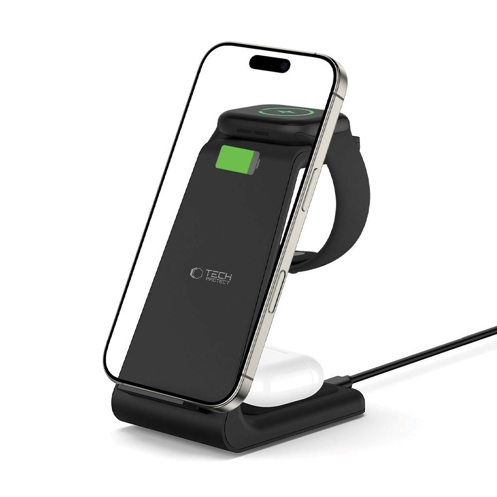 Tech-Protect QI15W-A36 Trådløs Oplader m. USB-C - 3-i-1 Funktion - Sort