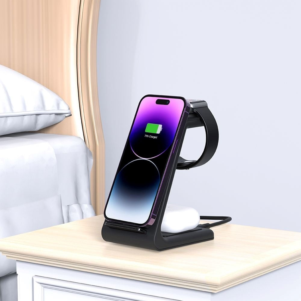 Tech-Protect QI15W-A36 Trådløs Oplader m. USB-C - 3-i-1 Funktion - Sort