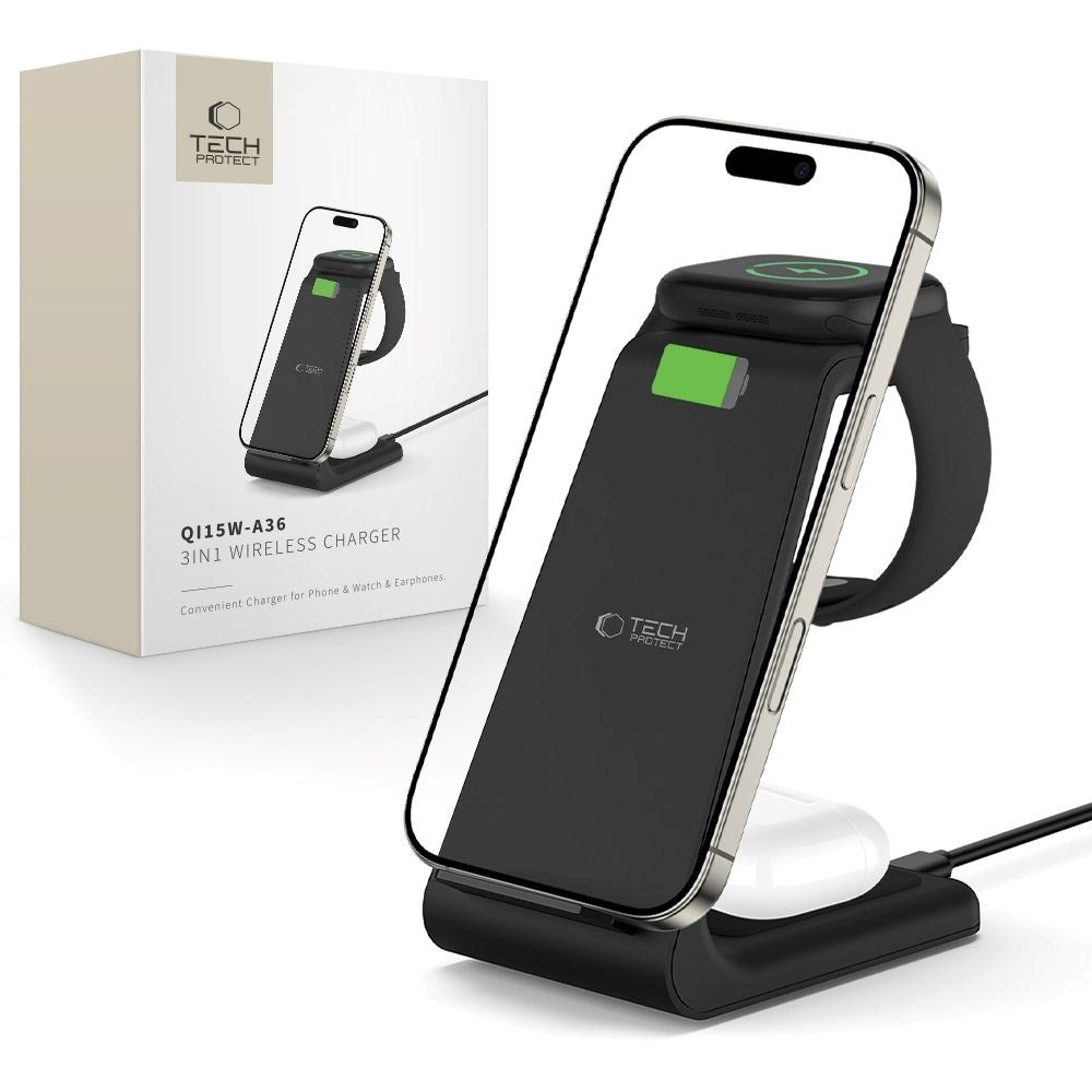 Tech-Protect QI15W-A36 Trådløs Oplader m. USB-C - 3-i-1 Funktion - Sort