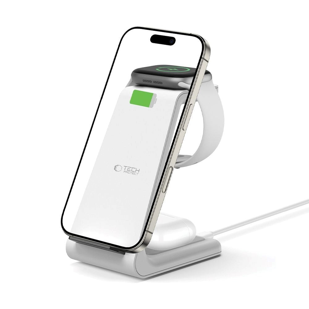 Tech-Protect QI15W-A36 Trådløs Oplader m. USB-C - 3-i-1 Funktion - Hvid