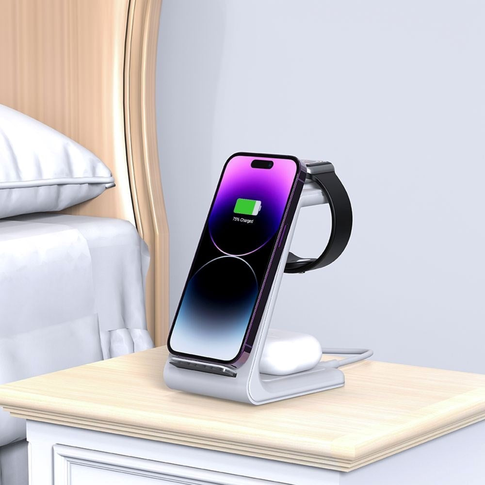 Tech-Protect QI15W-A36 Trådløs Oplader m. USB-C - 3-i-1 Funktion - Hvid