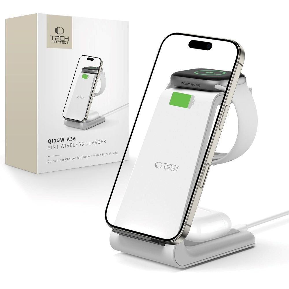 Tech-Protect QI15W-A36 Trådløs Oplader m. USB-C - 3-i-1 Funktion - Hvid
