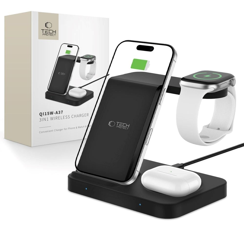 Tech-Protect Qi15W-A37 3-in-1 Trådløs Oplader til Apple og Android - Sort