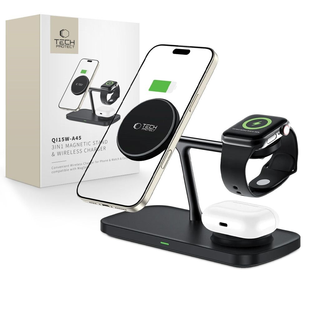 Tech-Protect 15W 3-i-1 Magnetisk Trådløs Oplader - Qi2 / MagSafe Kompatibel - Sort