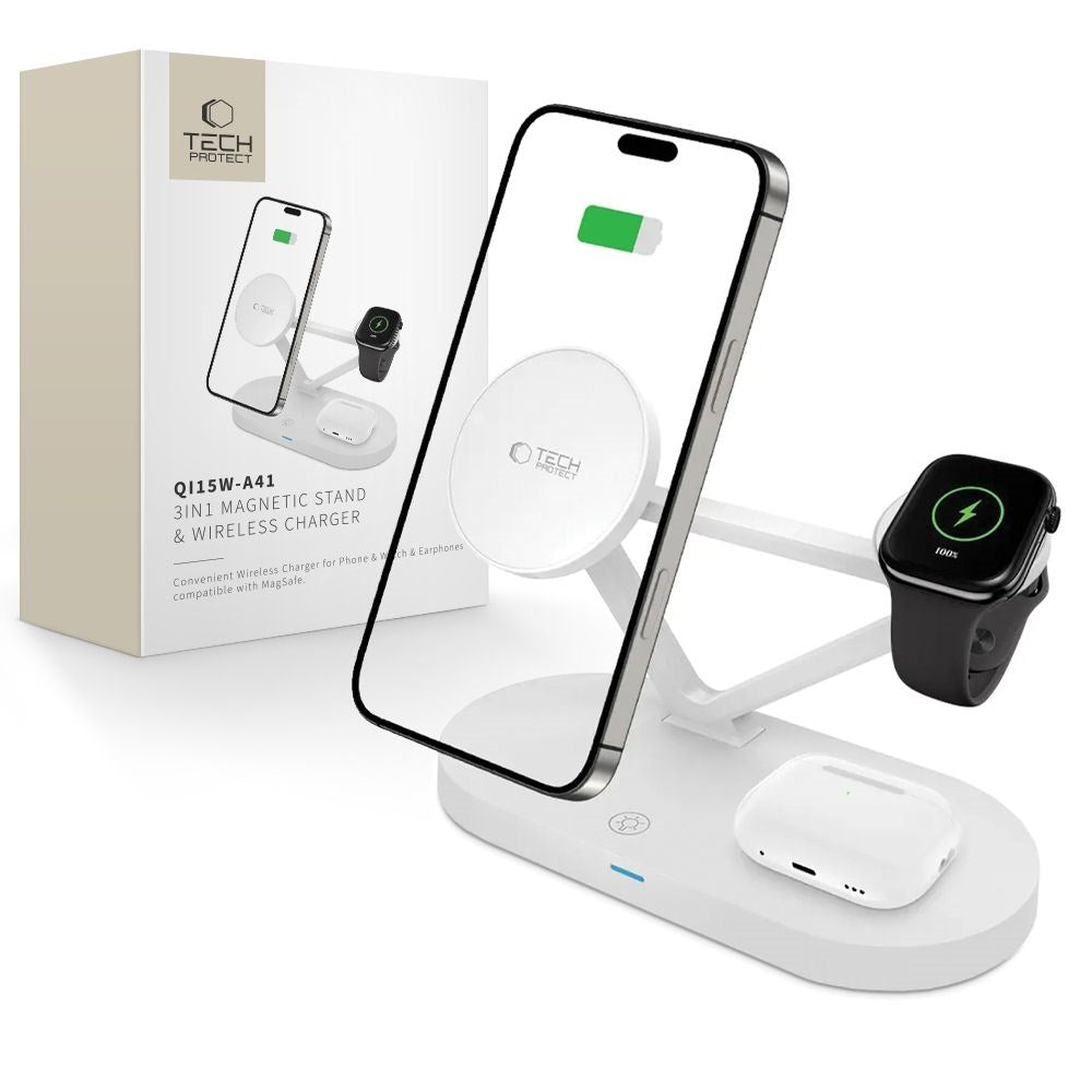 Tech-Protect 3-i-1 Magsafe Trådløs Oplader QI 15W - Hvid