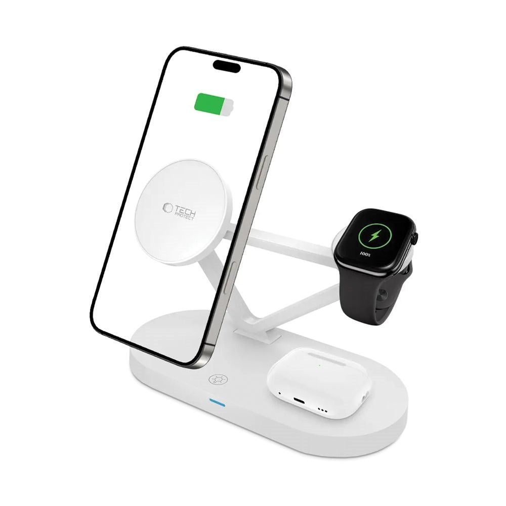 Tech-Protect 3-i-1 Magsafe Trådløs Oplader QI 15W - Hvid
