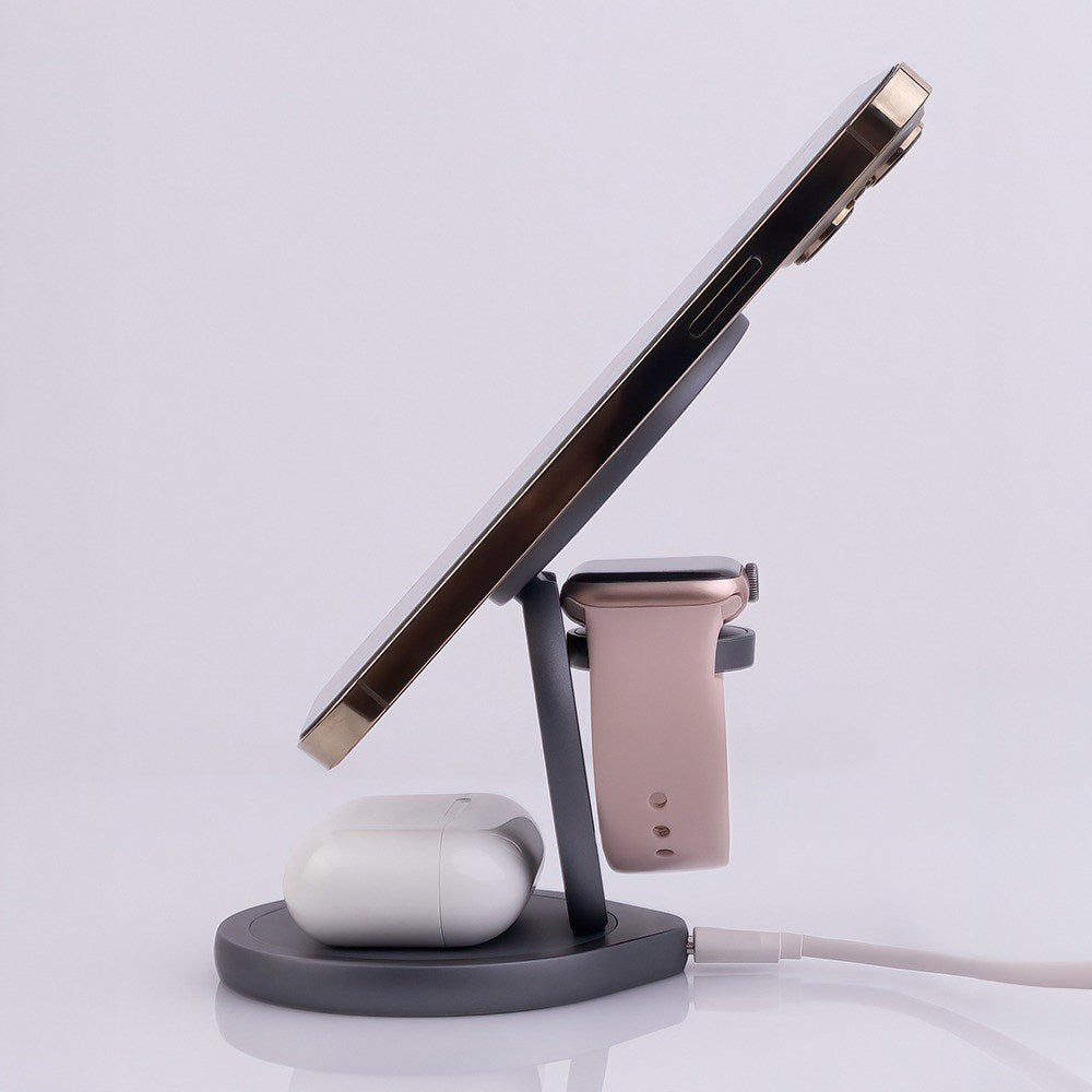 Forever 15W MAWC-200 3-in-1 Trådløs Oplader m. USB-C - MagSafe Kompatibel - Grå