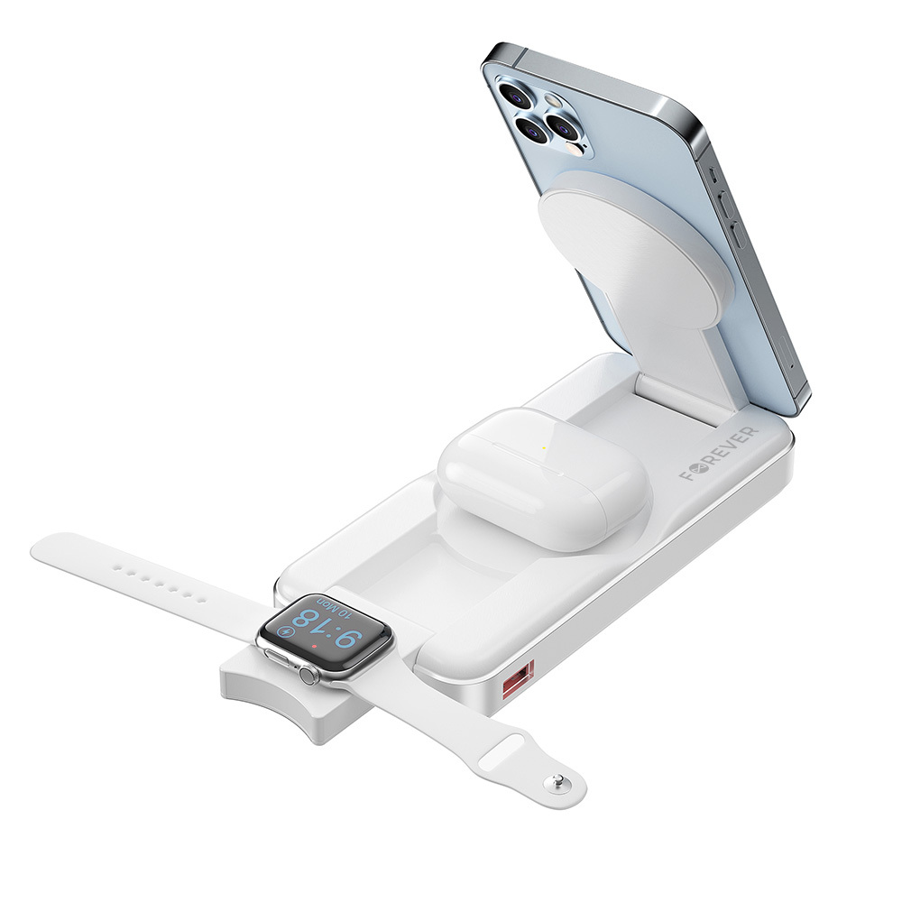 Forever MATB-300 3-i-1 Magnetisk Trådløs PowerBank - 10.000 mAh - MagSafe Kompatibel - Hvid