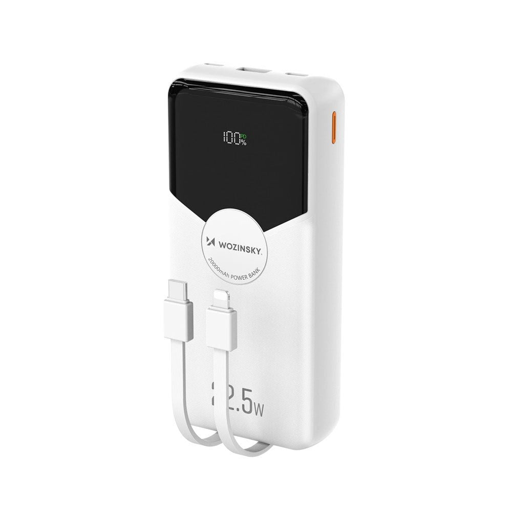 Wozinsky 20.000mAh Powerbank m. Indbygget USB-C- & Lightning-Kabel - Hvid