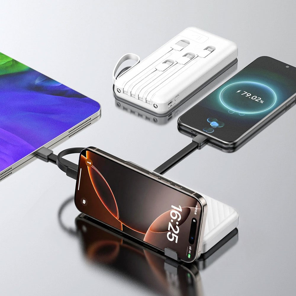 Wozinsky 10.000mAh Powerbank m. Lommelygte & 4 x Udtrækkelige Kabler - Hvid