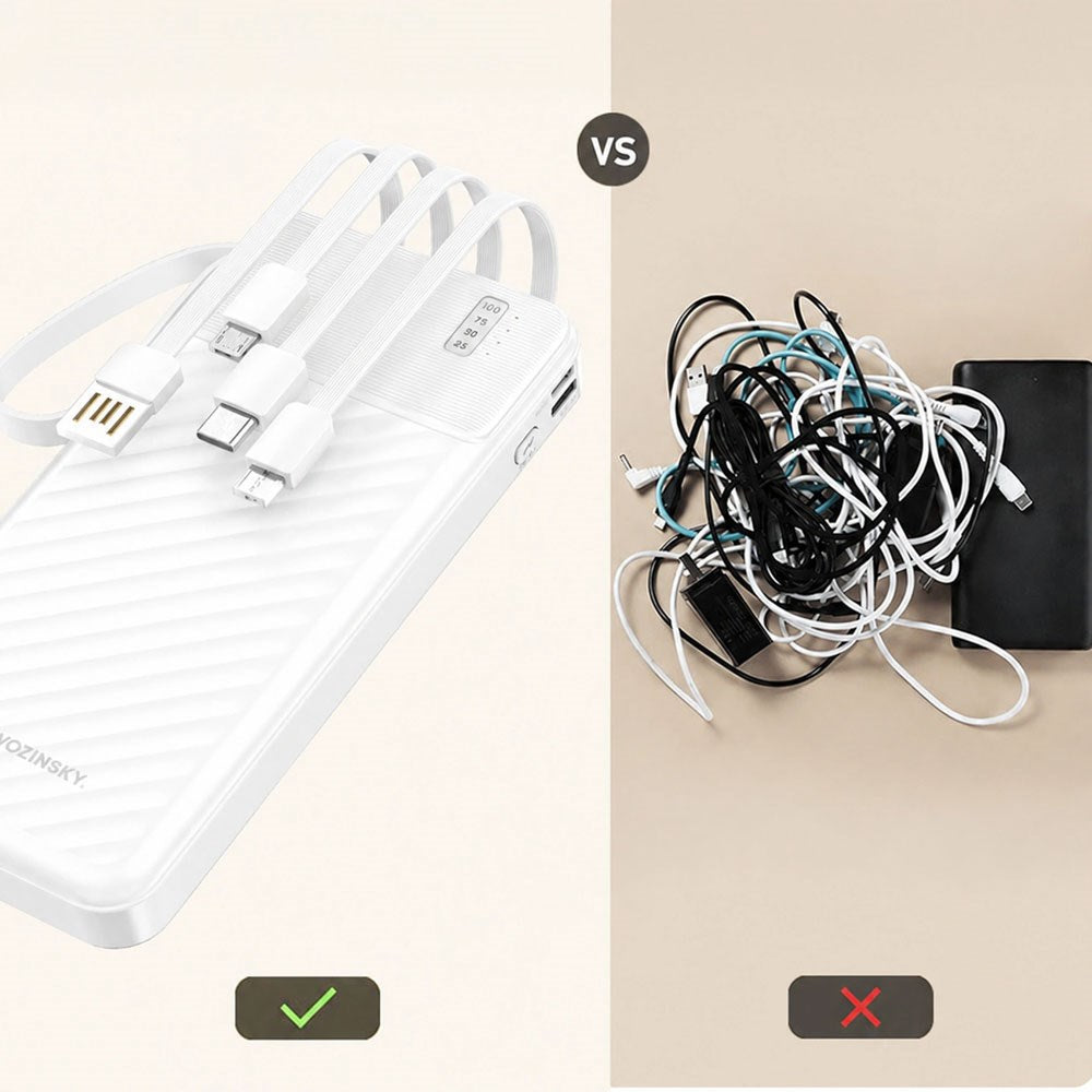 Wozinsky 10.000mAh Powerbank m. Lommelygte & 4 x Udtrækkelige Kabler - Hvid