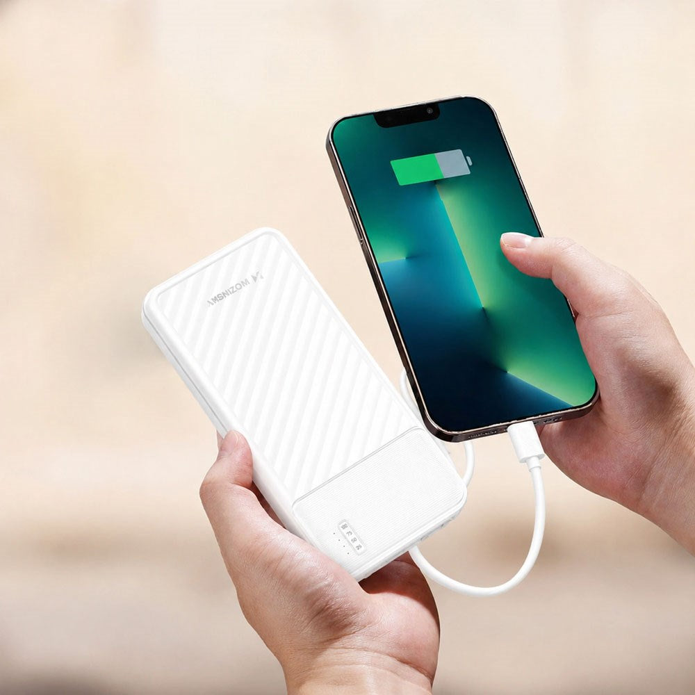 Wozinsky 10.000mAh Powerbank m. Lommelygte & 4 x Udtrækkelige Kabler - Hvid