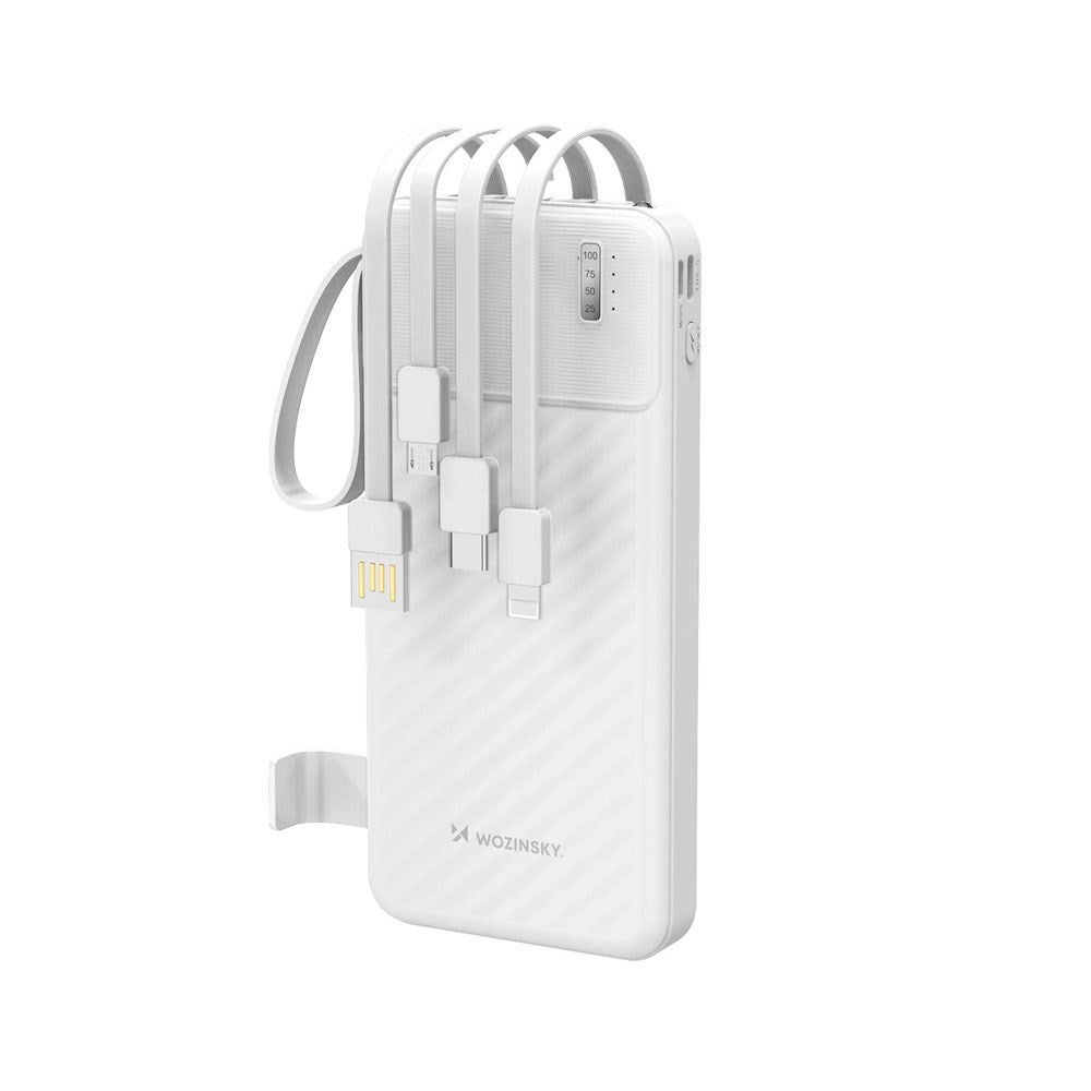 Wozinsky 10.000mAh Powerbank m. Lommelygte & 4 x Udtrækkelige Kabler - Hvid