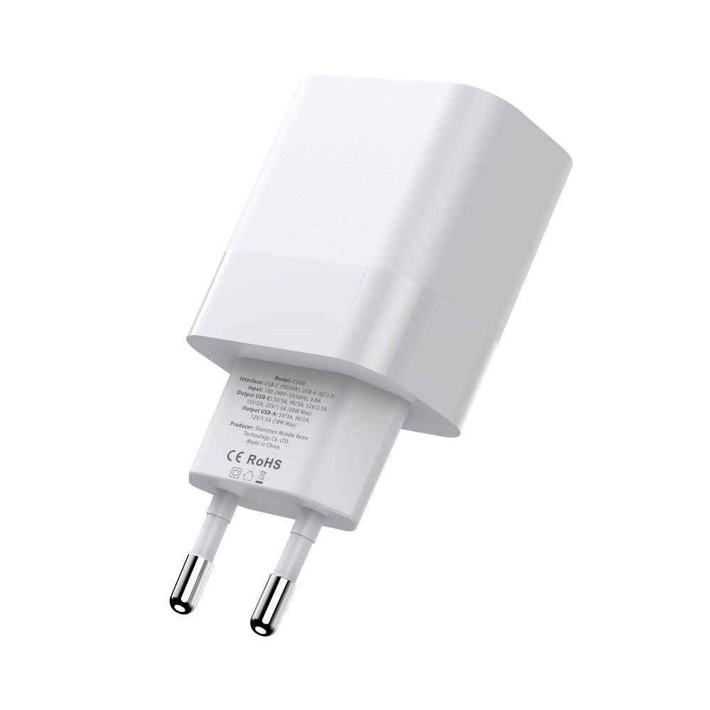 Tech-Protect PD 30W Vægoplader m. 1 x USB-C & 1 x USB-A - Hvid
