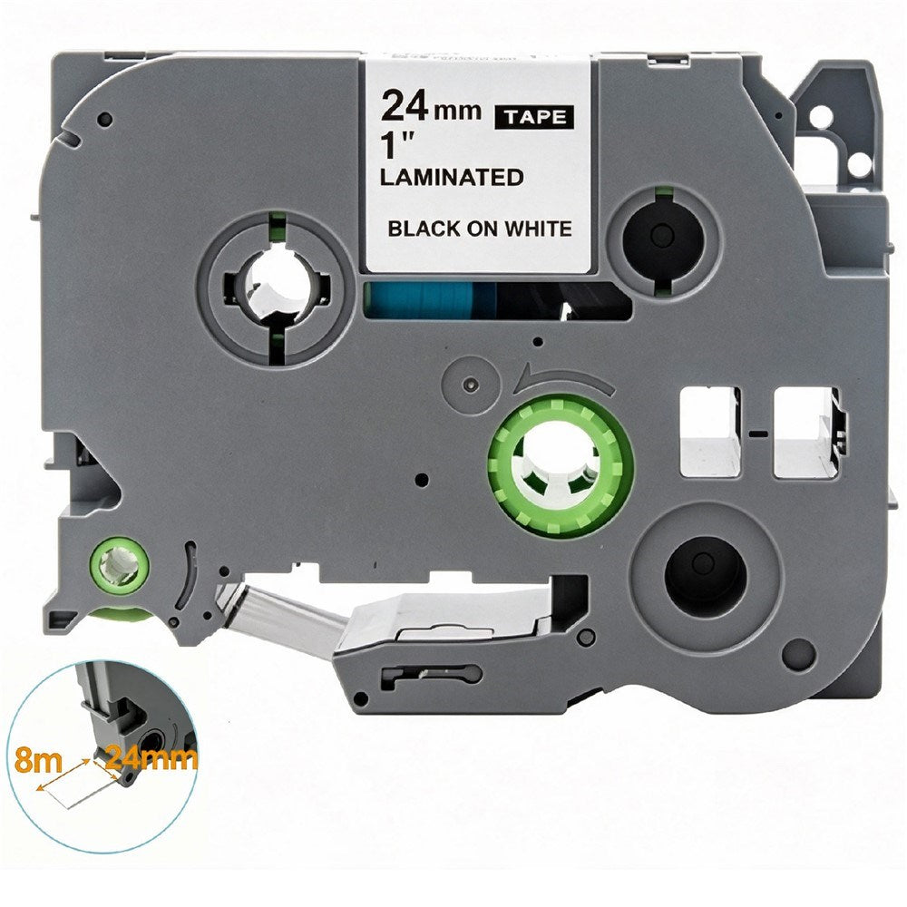 Label Tape Kassette 8 meter Lamineret Kompatibel med Brother P-Touch labelprintere Sort på Hvid - 24mm