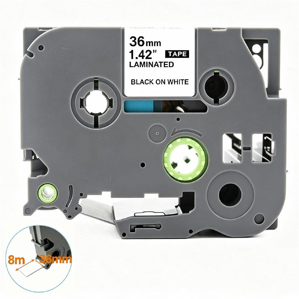 Label Tape Kassette 8 meter Lamineret Kompatibel med Brother P-Touch labelprintere Sort på Hvid - 36mm