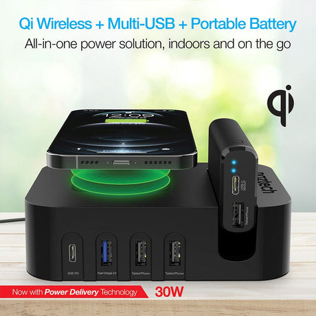 Naztech Charging Station 65W m. Trådløs Oplader, 3 x USB-A, 1 x USB-C, 1 x 4000mAh Powerbank & 20W Vægoplader - Sort (DEMO)