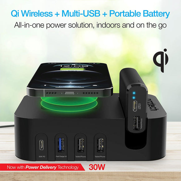 Naztech Charging Station 65W m. Trådløs Oplader, 3 x USB-A, 1 x USB-C, 1 x 4000mAh Powerbank & 20W Vægoplader - Sort (DEMO)