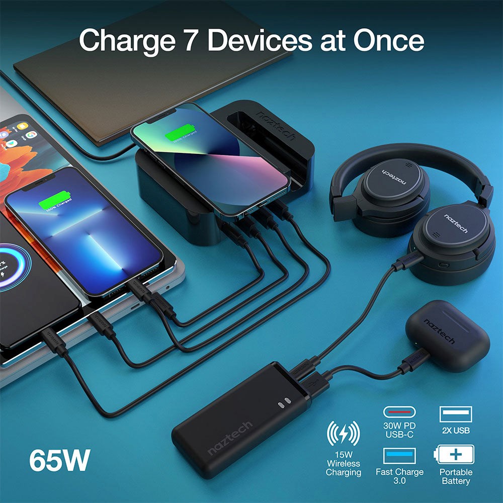 Naztech Charging Station 65W m. Trådløs Oplader, 3 x USB-A, 1 x USB-C, 1 x 4000mAh Powerbank & 20W Vægoplader - Sort