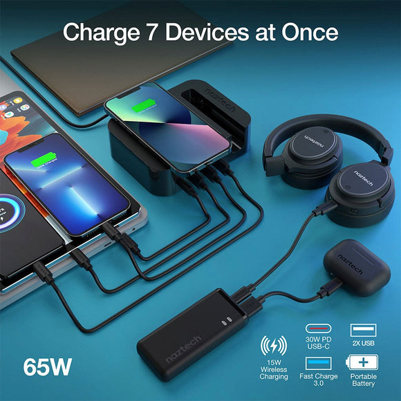 Naztech Charging Station 65W m. Trådløs Oplader, 3 x USB-A, 1 x USB-C, 1 x 4000mAh Powerbank & 20W Vægoplader - Sort (DEMO)