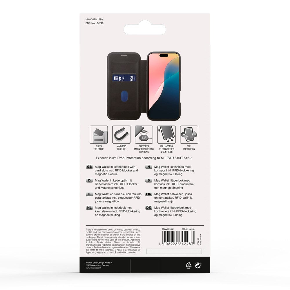 iPhone 16 Vivanco Classic Wallet Flip Cover m. Pung - MagSafe Kompatibel - Sort