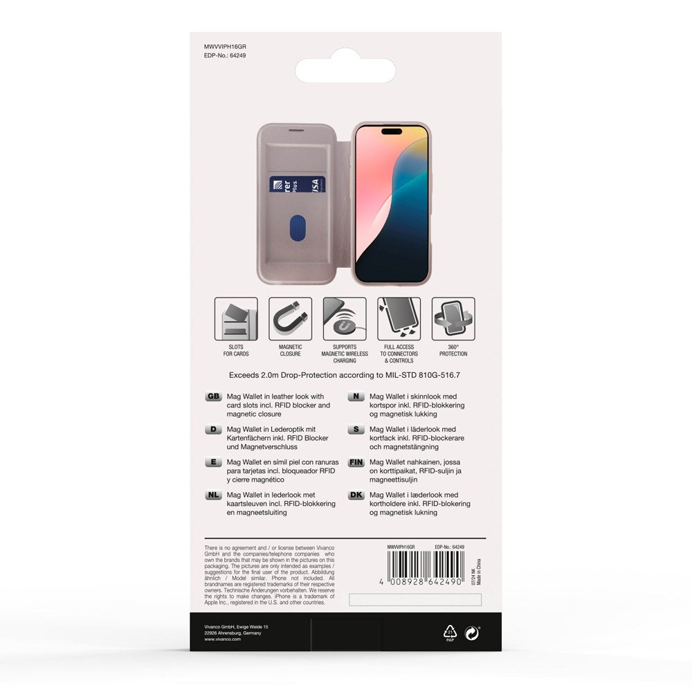 iPhone 16 Vivanco Classic Wallet Flip Cover m. Pung - MagSafe Kompatibel - Greige