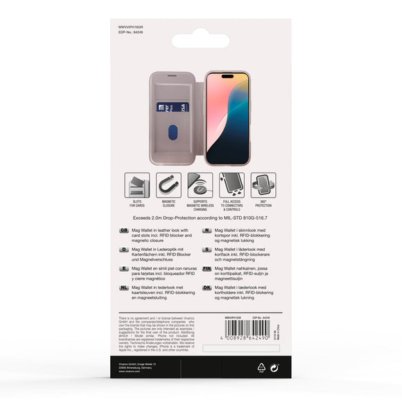 iPhone 16 Vivanco Classic Wallet Flip Cover m. Pung - MagSafe Kompatibel - Greige