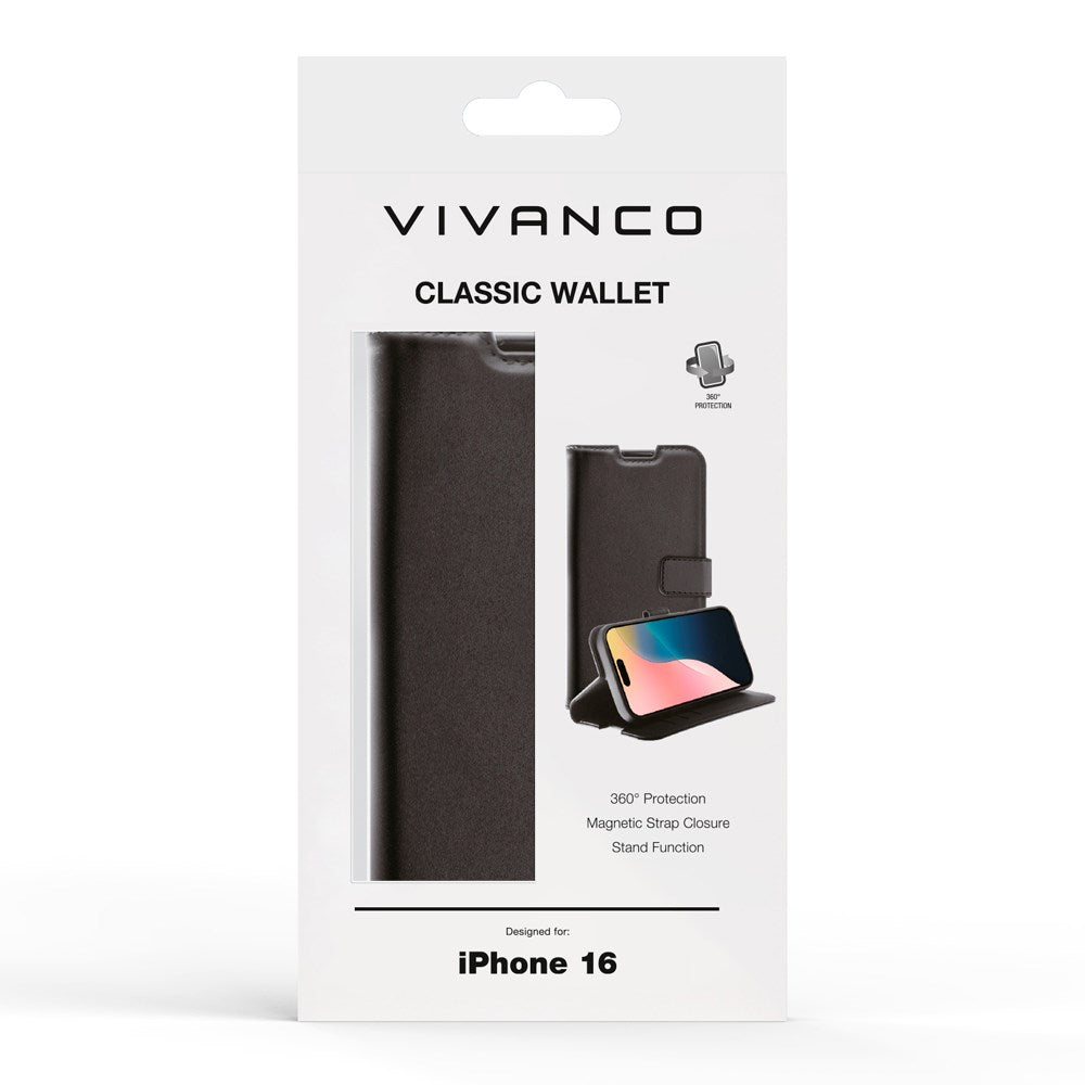 iPhone 16 Vivanco Classic Wallet Flip Cover m. Pung - Sort