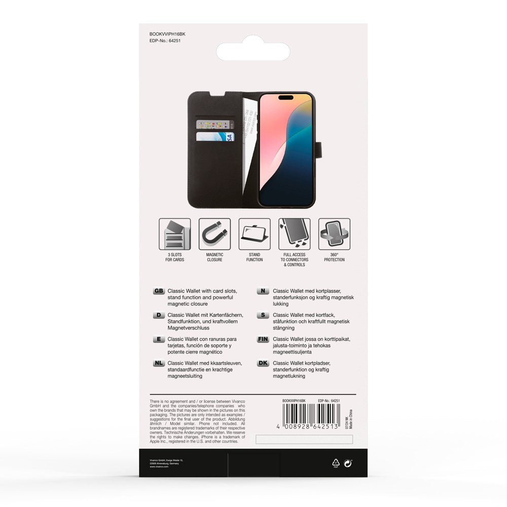 iPhone 16 Vivanco Classic Wallet Flip Cover m. Pung - Sort