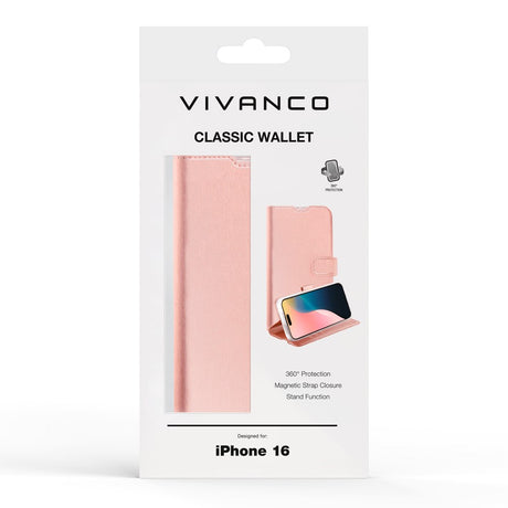 iPhone 16 Vivanco Classic Wallet Flip Cover m. Pung - Rose Gold