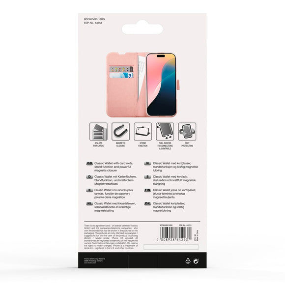 iPhone 16 Vivanco Classic Wallet Flip Cover m. Pung - Rose Gold