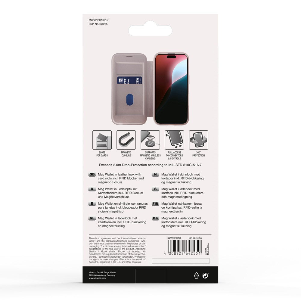 iPhone 16 Pro Vivanco Classic Wallet Flip Cover m. Pung - MagSafe Kompatibel - Greige