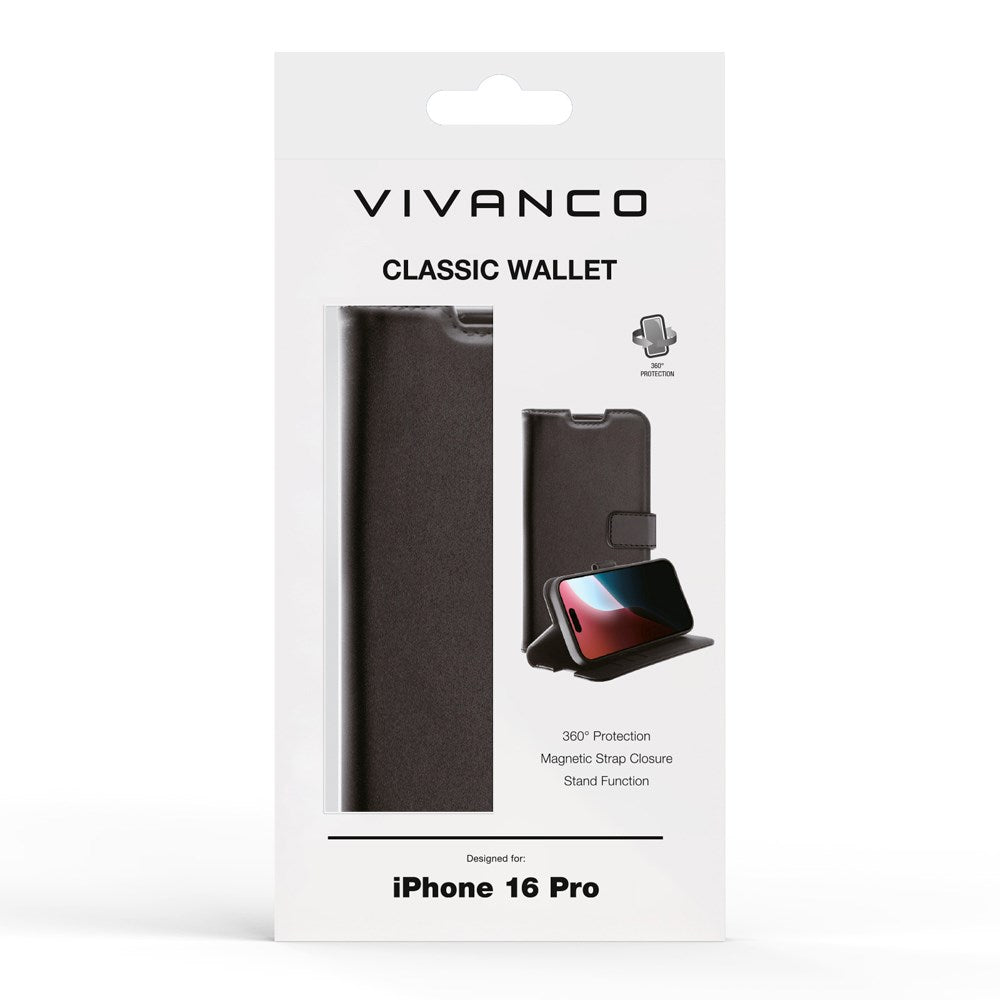 iPhone 16 Pro Vivanco Classic Wallet Flip Cover m. Pung - Sort