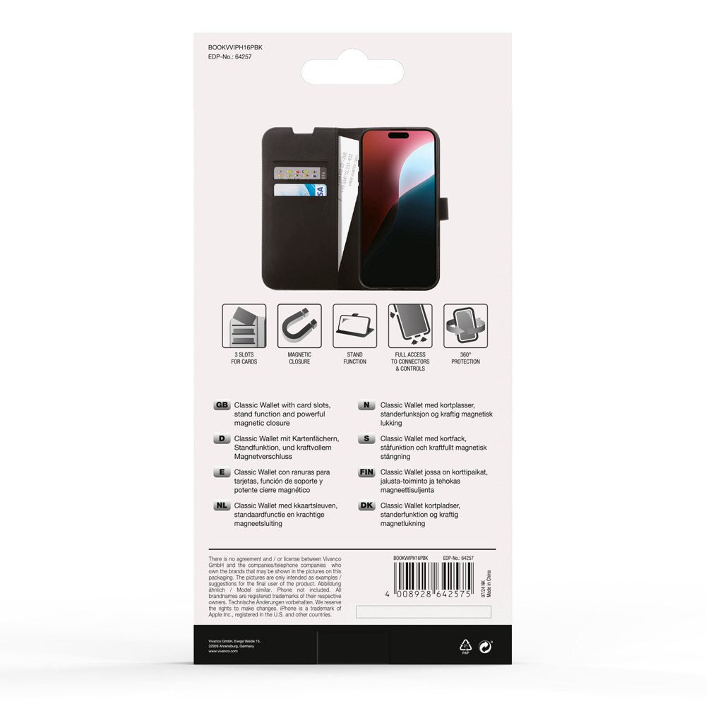 iPhone 16 Pro Vivanco Classic Wallet Flip Cover m. Pung - Sort