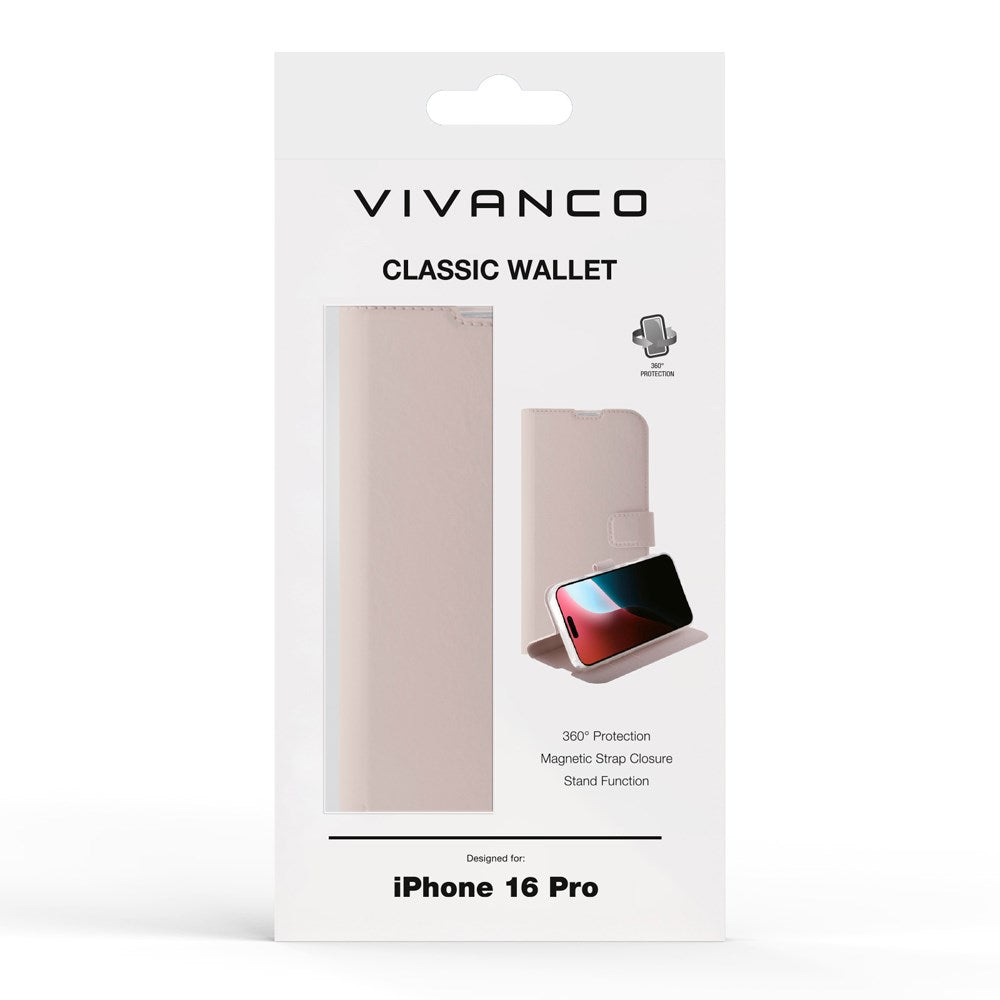 iPhone 16 Pro Vivanco Classic Wallet Flip Cover m. Pung - Greige