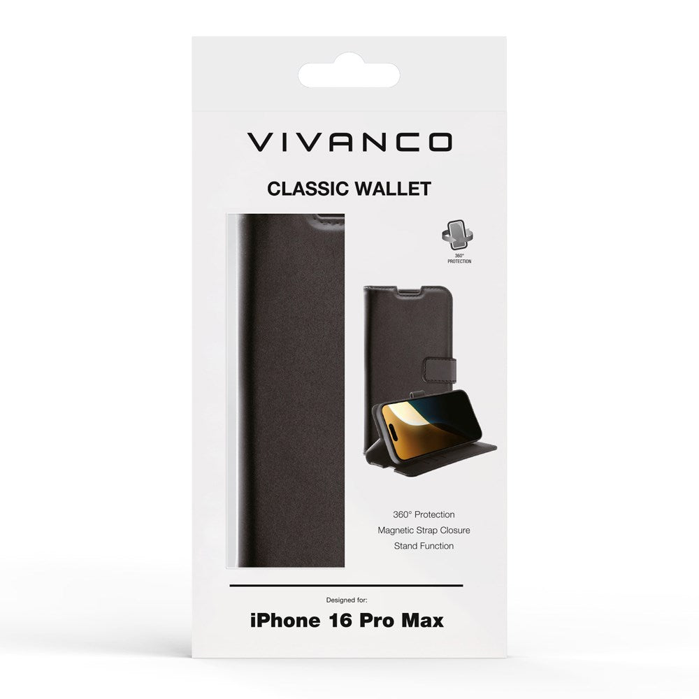 iPhone 16 Pro Max Vivanco Classic Wallet Flip Cover m. Pung - Sort