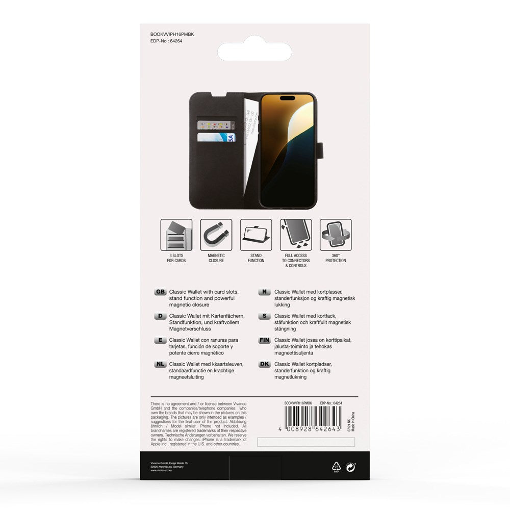 iPhone 16 Pro Max Vivanco Classic Wallet Flip Cover m. Pung - Sort