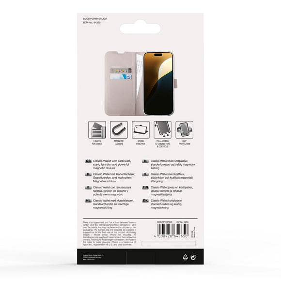 iPhone 16 Pro Max Vivanco Classic Wallet Flip Cover m. Pung - Greige