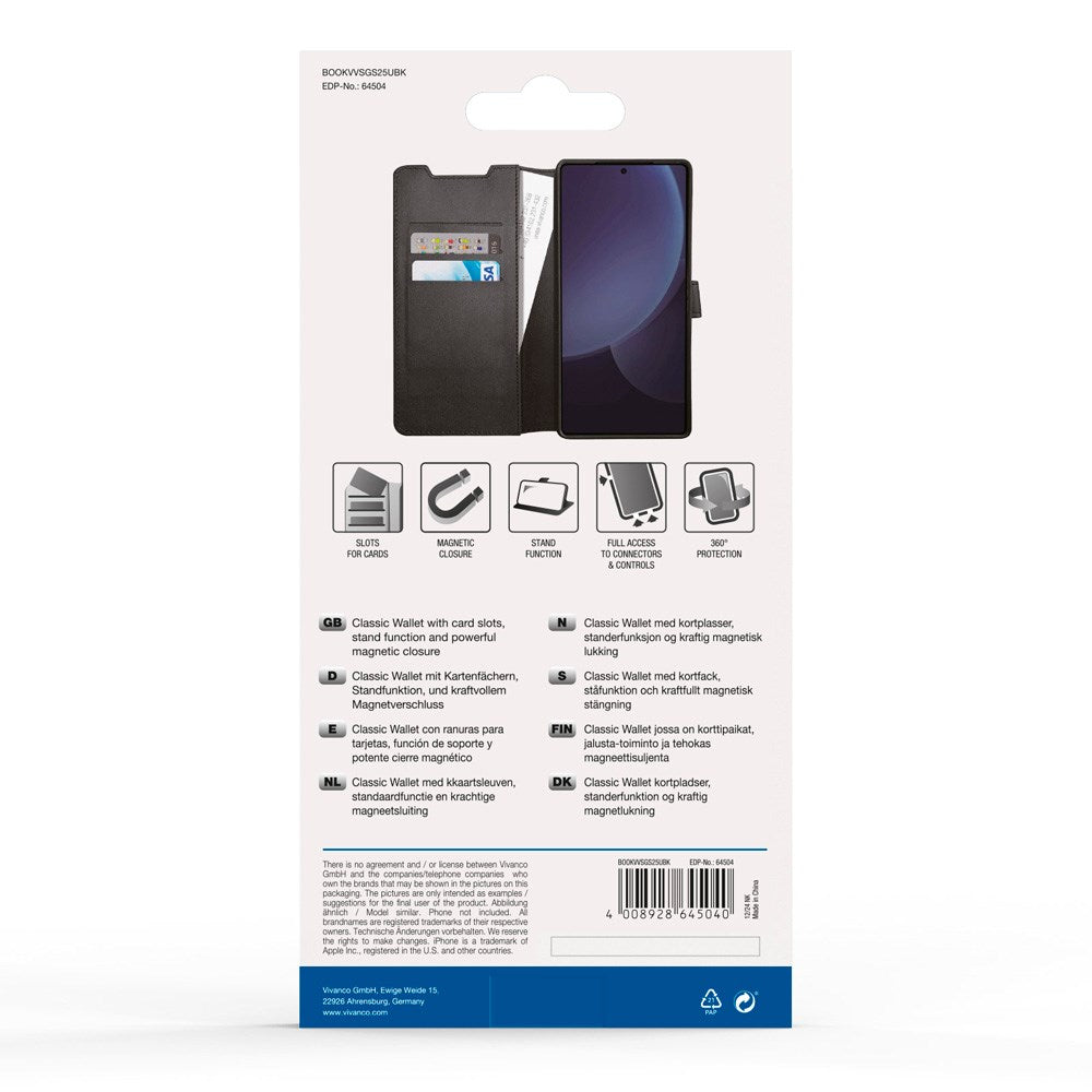 Samsung Galaxy S25 Ultra Vivanco Classic Wallet Flip Cover m. Pung - Sort