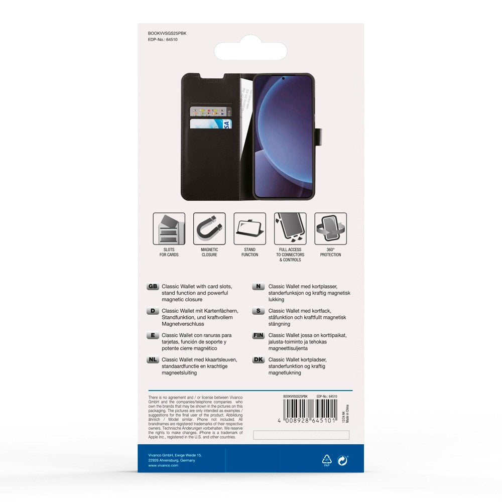 Samsung Galaxy S25+ (Plus) Vivanco Classic Wallet Flip Cover m. Pung - Sort