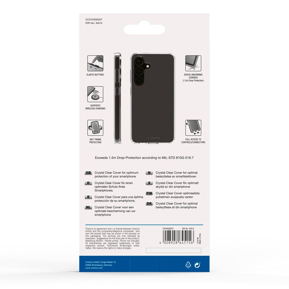 Samsung Galaxy S25 Vivanco Crystal Clear Bagsidecover – Gennemsigtig