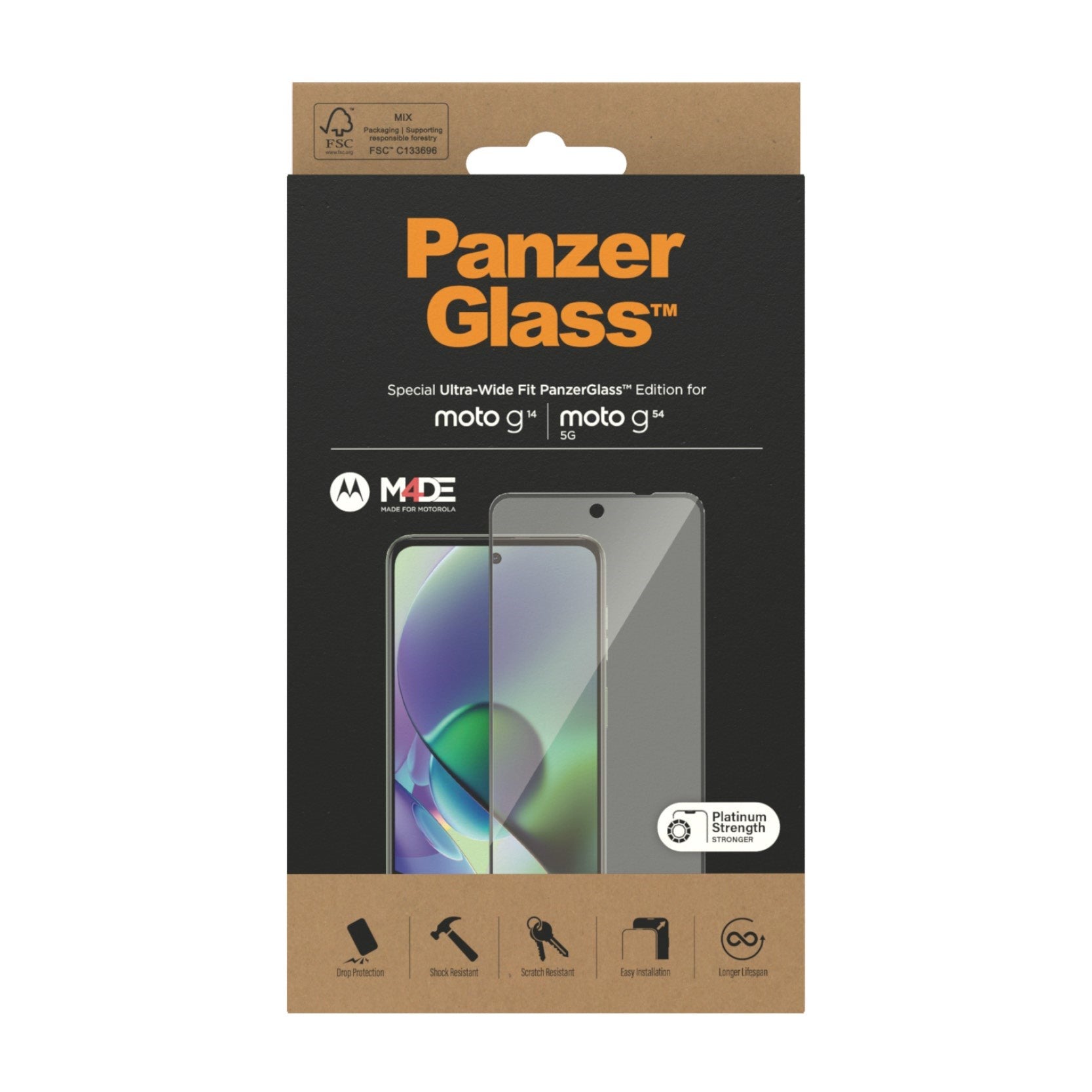Motorola Moto G14 / G54 PanzerGlass Ultra Wide Fit Skærmbeskyttelse - Platinum Strength - Sort Kant