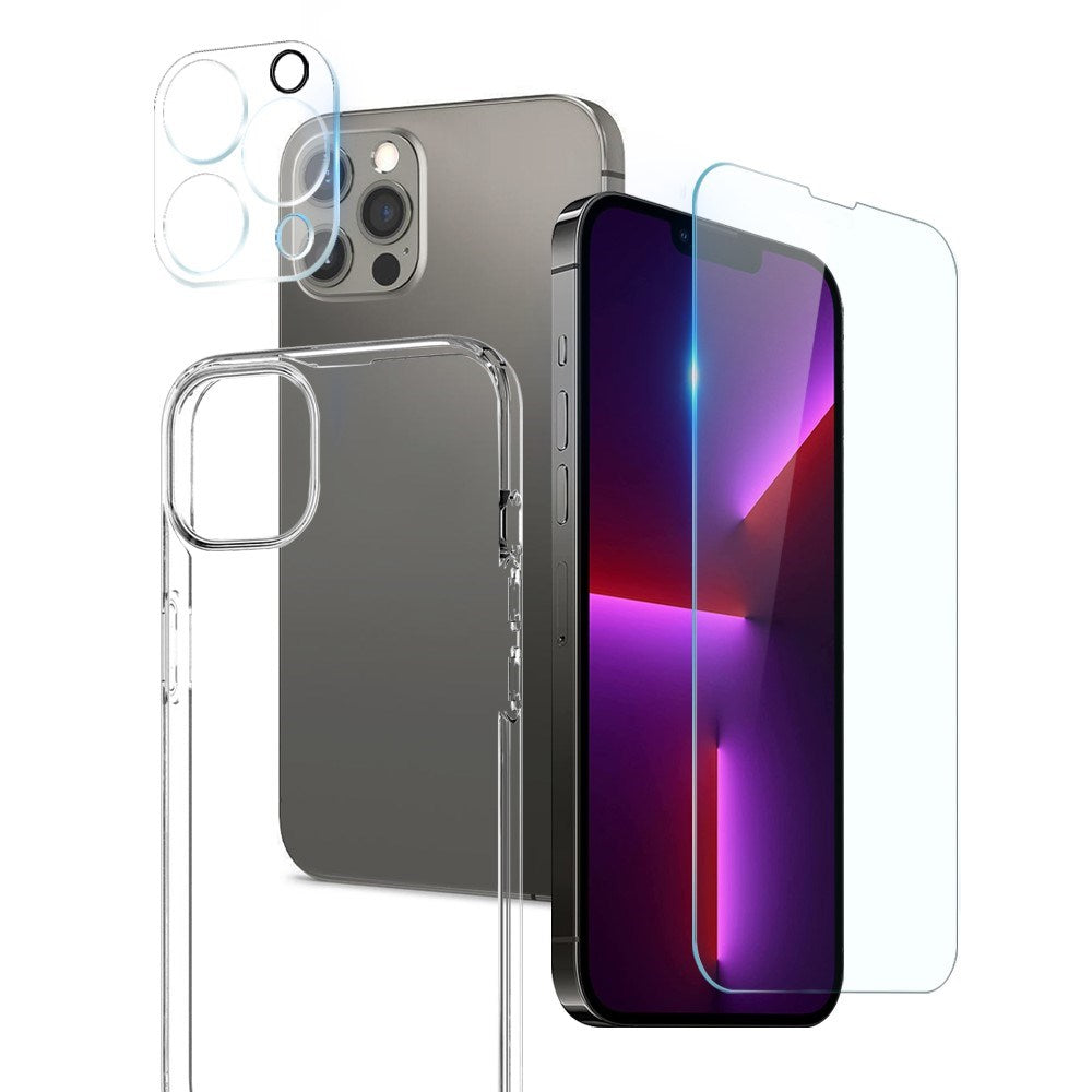 NORTHJO iPhone 13 Pro Max | 3-i-1 360° Beskyttelsessæt m. Cover | Skærmbeskyttelse | Kameralinsebeskyttelse - Gennemsigtig