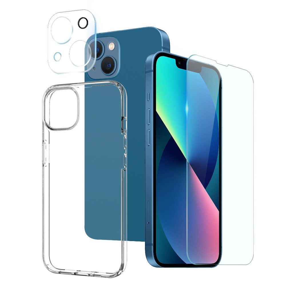 NORTHJO iPhone 13 | 3-i-1 360° Beskyttelsessæt m. Cover | Skærmbeskyttelse | Kameralinsebeskyttelse - Gennemsigtig