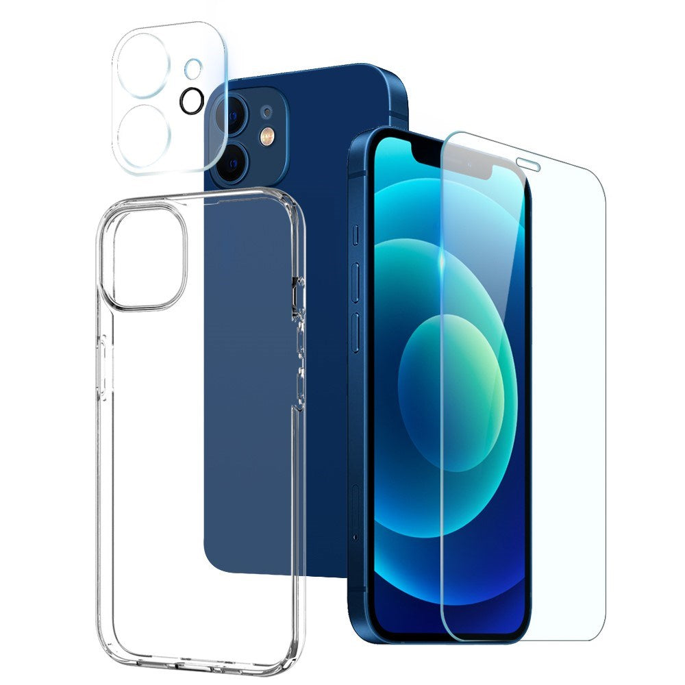 NORTHJO iPhone 12 | 3-i-1 360° Beskyttelsessæt m. Cover | Skærmbeskyttelse | Kameralinsebeskyttelse - Gennemsigtig