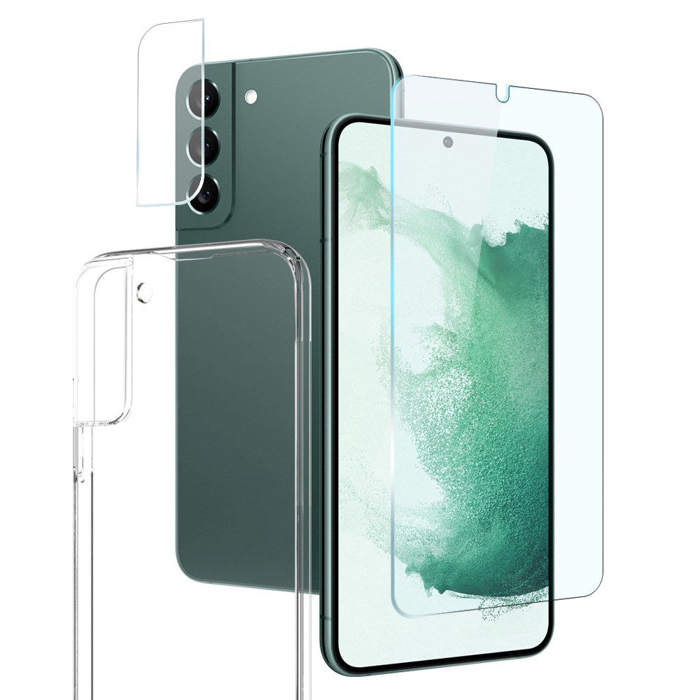 NORTHJO Samsung Galaxy S22 | 3-i-1 360° Beskyttelsessæt m. Cover | Skærmbeskyttelse | Kameralinsebeskyttelse - Gennemsigtig